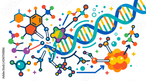 Abstract Science Vector Illustration Featuring Colorful DNA Double Helix, Molecular Structures, and Atoms in a Chemical Reaction. Bold Flat Design on White Background for Biotech Research.