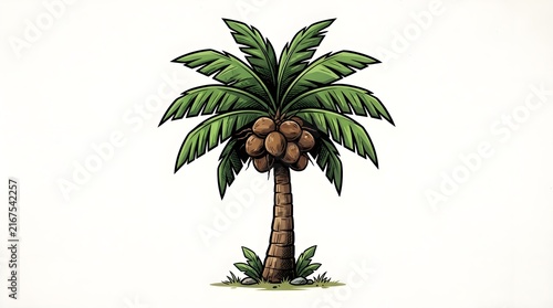 Vector illustration of a tropical coconut palm tree with green fronds and brown coconuts, growing on grass. Isolated on white background for travel and nature designs.