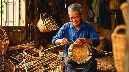Elderly artisan weaving a traditional bamboo basket in a workshop