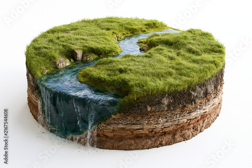 A cross section of earth with a green grassy landscape and flowing river isolated on white background. Environmental education concept for geography and nature displays.