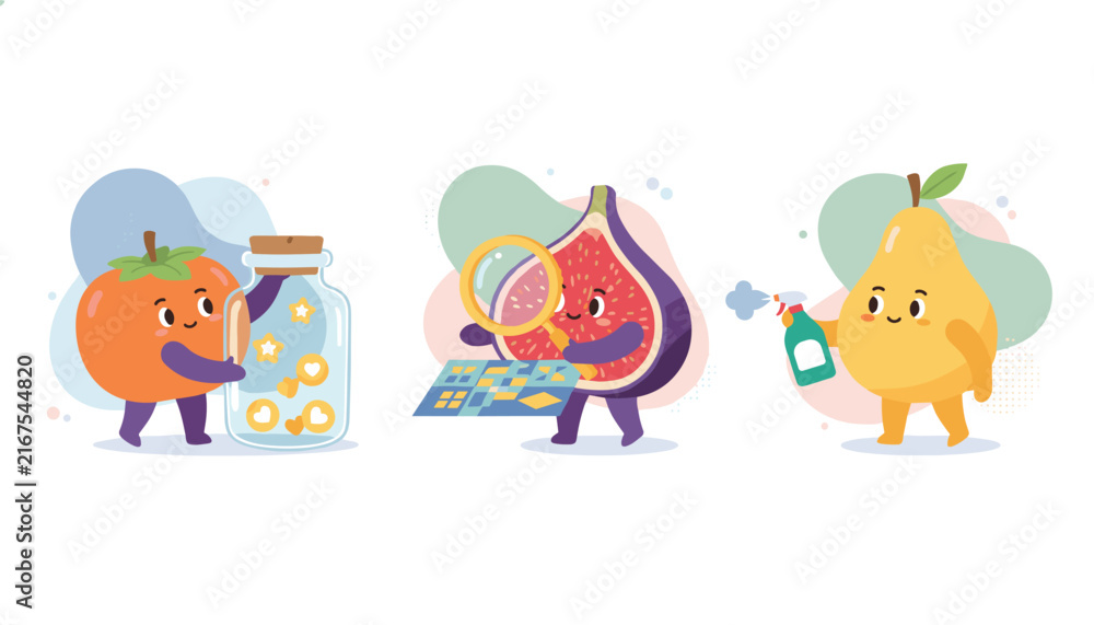 Naklejka premium Trio of cute animated fruit characters featuring a persimmon, a fig examining a map, and a pear with a spray bottle.