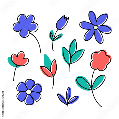 Hand Drawn Floral Doodle Seamless Pattern with Botanical Elements set of flowers