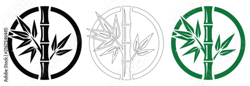 Illustrations bamboo stalk and leaves inside a circle icon set