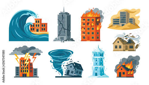 Canvastavla Vector flat illustration set of natural disasters including tsunami earthquake b