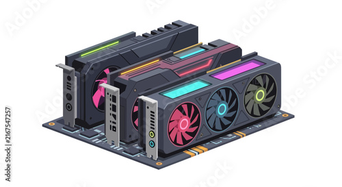 Isometric Vector Illustration of Multiple High-End Graphics Cards for Gaming, AI, and Cryptocurrency Mining Isolated on White