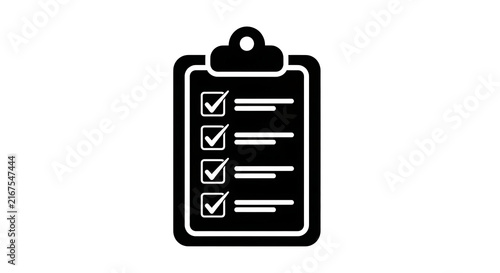 Black clipboard icon with completed checklist and check marks on white background