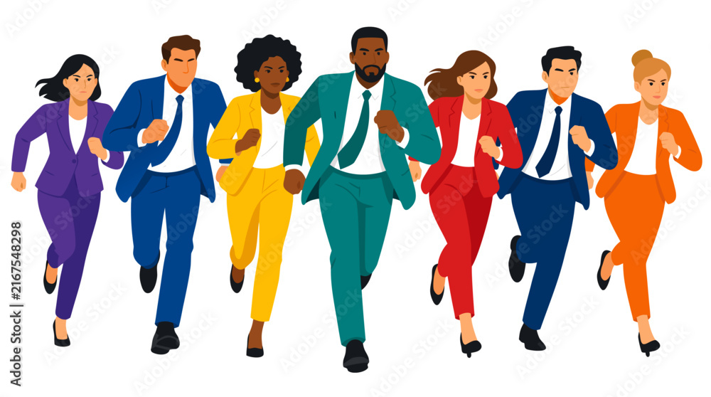 Fototapeta premium Diverse Group of Business Professionals in Colorful Suits Running Forward with Determined Expressions, Multi-ethnic Team of Men and Women Sprinting Together Towards Success, Vector Illustration