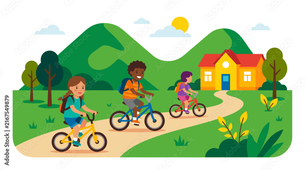 Naklejka premium Vector illustration of happy diverse children with backpacks riding bicycles along a winding path toward a school building set against a scenic landscape of green hills and a sunny sky.