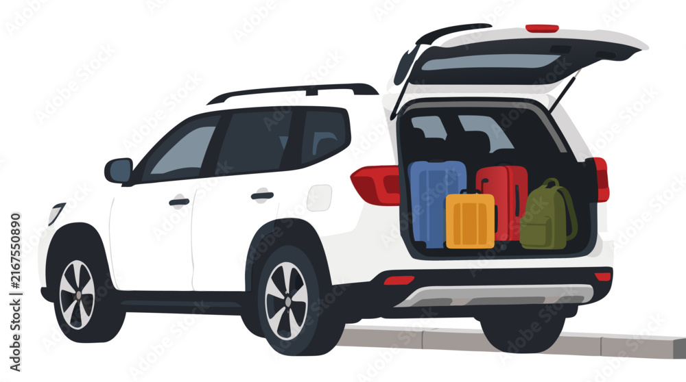 Naklejka premium White SUV parked at curb with open trunk loaded with colorful suitcases and backpack, flat vector illustration of family travel getaway, luggage storage vehicle graphic for trip and vacation design