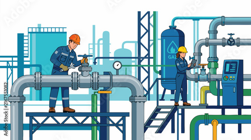 Engineers in hard hats and work uniforms inspecting and maintaining industrial gas and oil pipelines at a plant, vector illustration of workers checking valves and pressure gauges