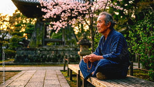 Elderly man sitting on a bench in a Japanese garden with cherry blossoms