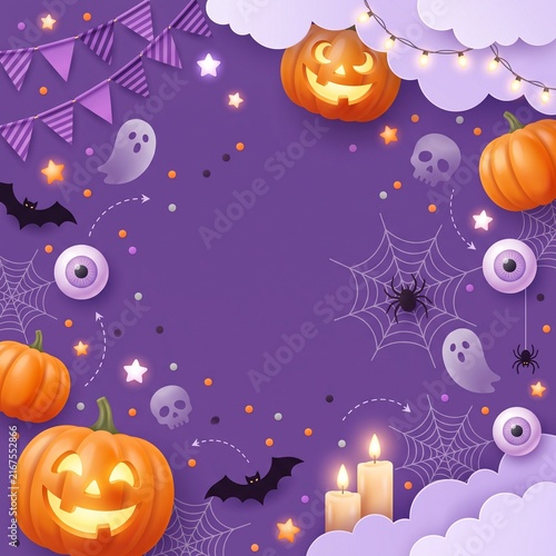 Cute halloween background with jack o lantern pumpkins ghosts bats and spooky decorations on a purple frame