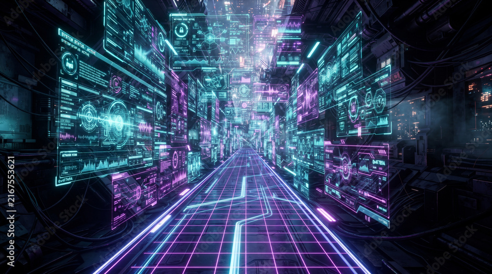 Naklejka premium Futuristic command center corridor featuring interactive holographic data interface screens and neon digital grid floor pathway.