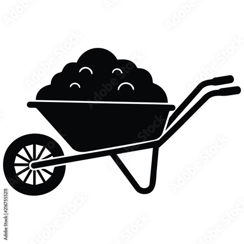 Canvas Print Black wheelbarrow vector icon with soil pile for landscaping and construction materials