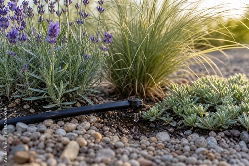 Efficient drip irrigation watering a drought tolerant garden