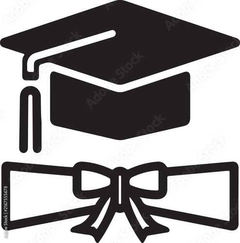 A black and white icon depicting a graduation cap with a tassel and a diploma scroll tied with a bow.
