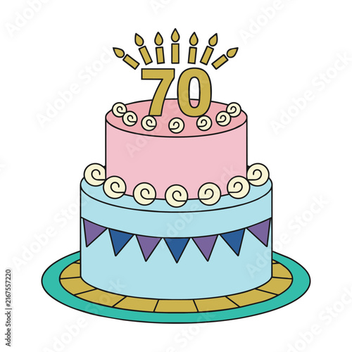 Two-tier birthday cake with stylized candles and decorative frosting swirls on an isolated white background. Festive celebration concept