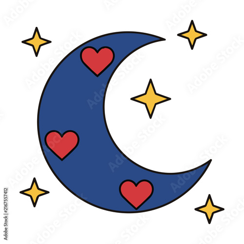 Crescent moon icon with small hearts and sparkling stars on a white background minimal design concept