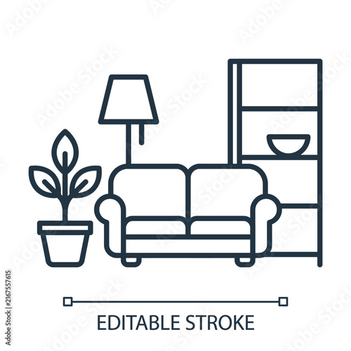 Living room furniture line icon with sofa lamp plant and shelf