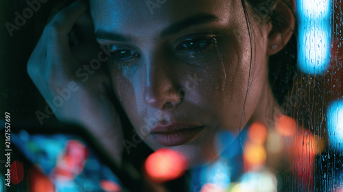 A woman sits alone at a table in a dimly lit cafe. She looks at her phone with tears on her face. Lights from outside reflect on the window. It is nighttime and raining