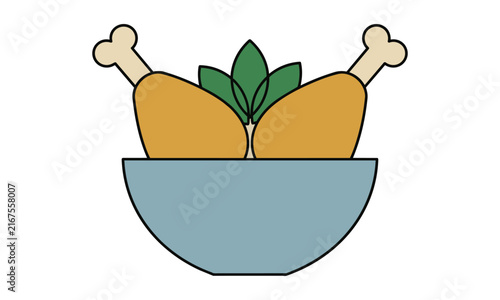 Ceramic bowl filled with chicken drumsticks and fresh greens as a minimalist food icon for menu design or restaurant branding culinary concept