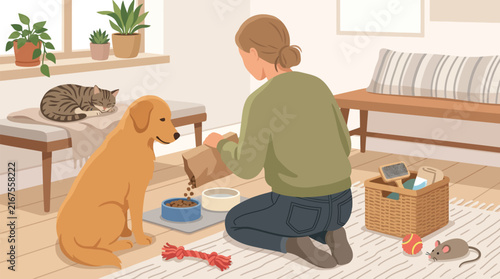 Woman feeding golden retriever dog near cat on bench in sunlit room with plants and toy mouse