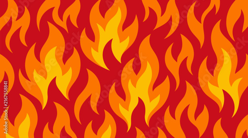 Seamless stylized fire flames pattern with bold curved outlines on red background, flat vector illustration, vibrant orange and yellow fiery motifs, repeat tiling design for textiles and wallpapers
