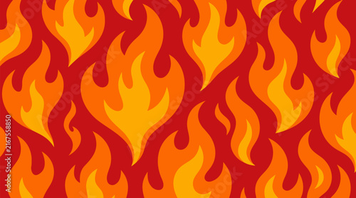 Seamless stylized fire flames pattern with bold curved outlines on a red background, flat vector style repeating decorative design