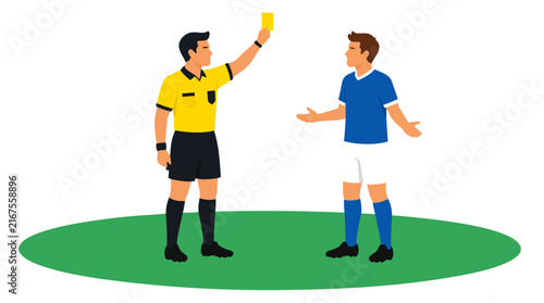 Referee in bright yellow uniform holding up yellow card toward football player in blue jersey on green pitch, bold flat vector illustration of sportsmanship and fair play