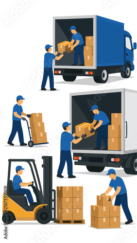 Warehouse workers loading cardboard boxes onto delivery trucks, bold flat colors, vector illustration of logistics team using forklift and dolly for shipping operations