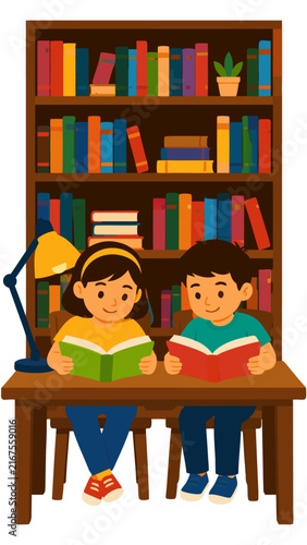 Two children sitting at wooden library table reading colorful open books, tall bookshelf with stacked books, potted plant, desk lamp, education concept vector illustration