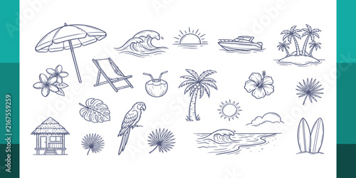 Tropical Beach Doodle Vector Set with Palm Trees, Surfboards, Boat, Waves and Summer Elements