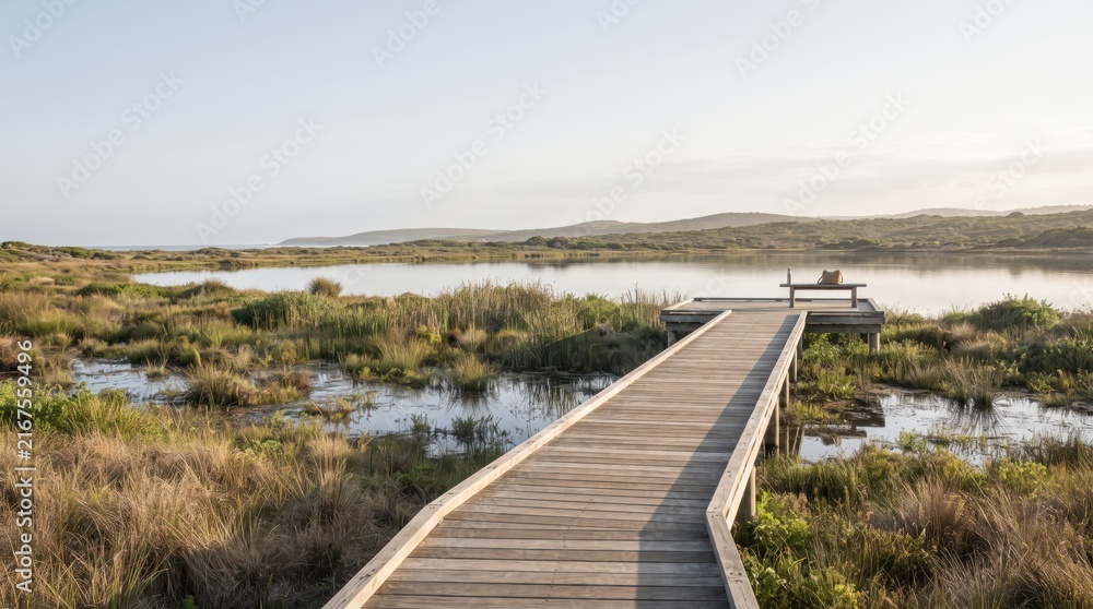 Fototapeta premium Scenic Wooden Coastal Walkway Through Wetlands and Natural Shoreline