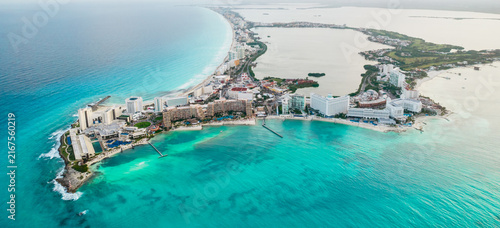 Photography Aerial panoramic view of Cancun beach and hotel zone in Mexico