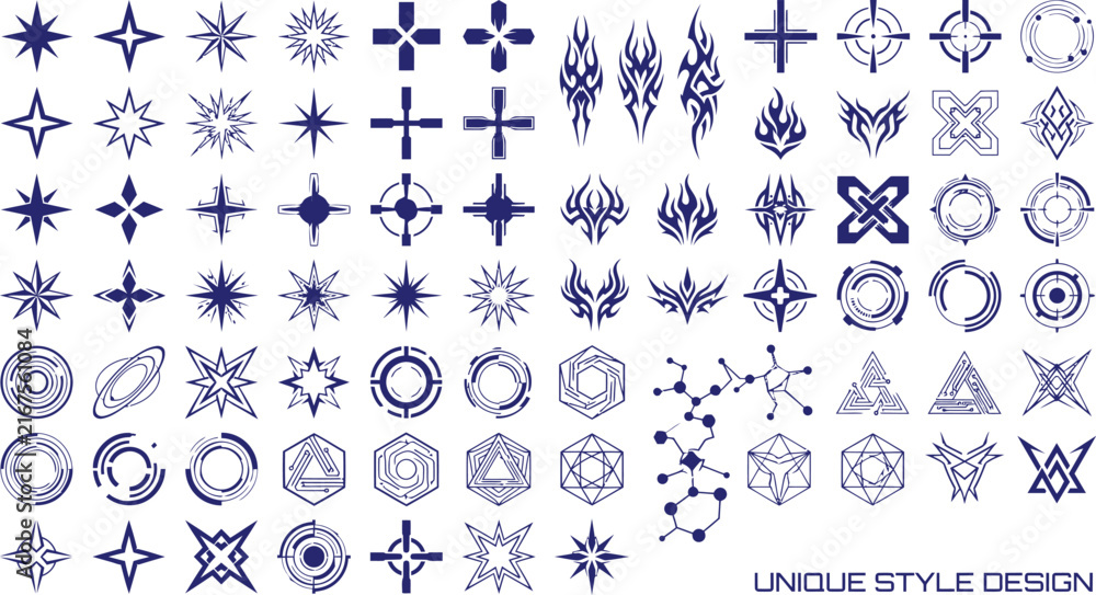 Fototapeta premium Collection of unique style design vector icons, abstract geometric shapes, futuristic symbols, and decorative elements for modern branding