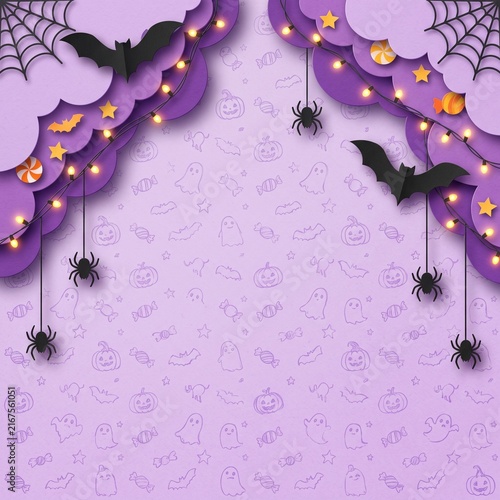 Happy halloween banner background with purple paper clouds bats spiders and fairy lights