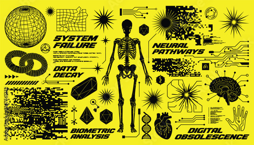 Bild auf Leinwand Cyberpunk futuristic ui elements set with skeleton, brain, heart, dna, digital g