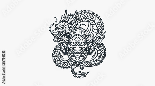 Bild auf Leinwand Traditional Japanese line art illustration featuring a fierce Oni demon mask entwined with a serpentine dragon, showcasing intricate scales, horns, and fangs in a monochrome tattoo style
