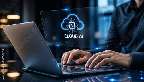 Professional developer working on advanced cloud ai software interface using a modern laptop in dark office