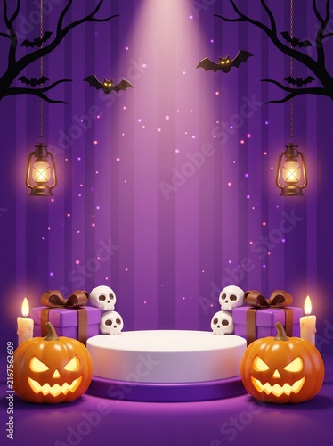 Halloween product display podium with pumpkins skulls and candles in a dark purple forest setting