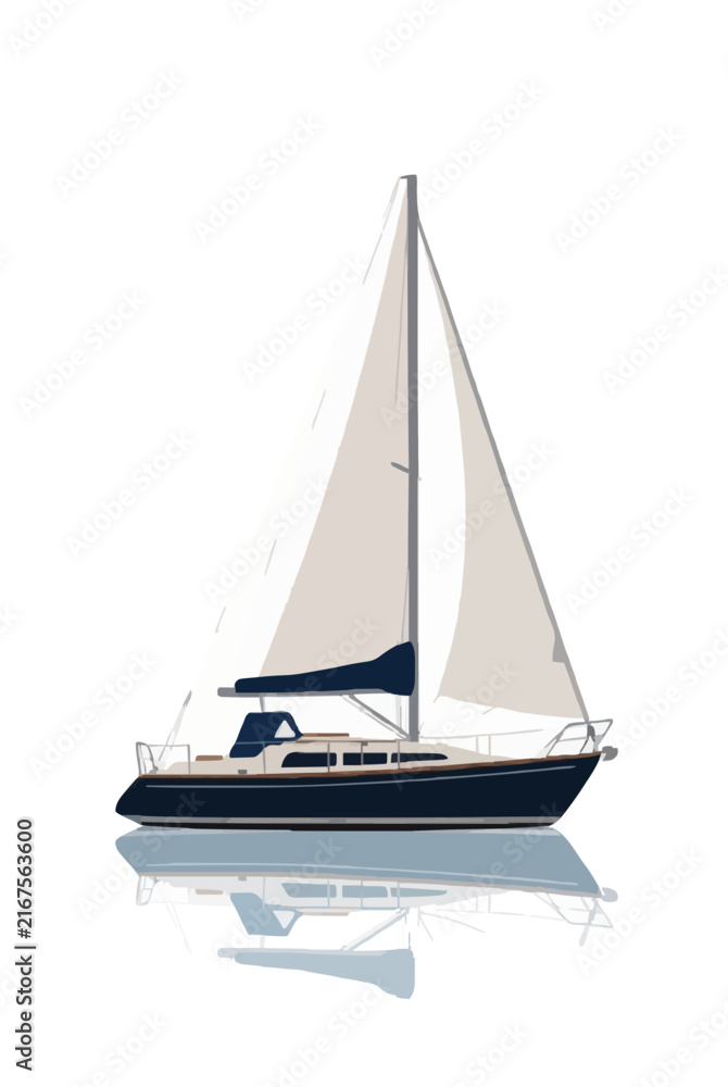 Fototapeta premium Hand-traced vector illustration of a sleek sailboat with tall white sails and a navy hull gliding across calm harbor waters with a soft reflection below, perfect nautical icon