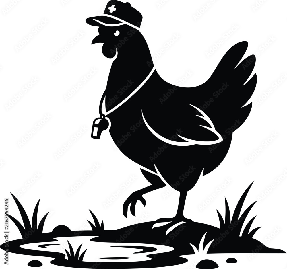 Fototapeta premium Black and white silhouette illustration of a chicken wearing a coach hat and whistle.