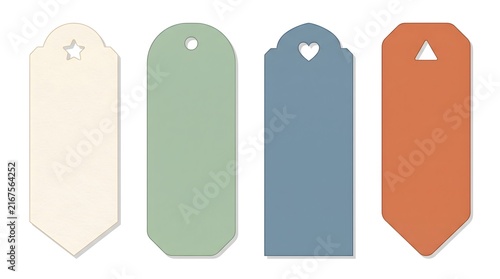 Four assorted paper tags with unique cutouts against a white background with soft studio lighting