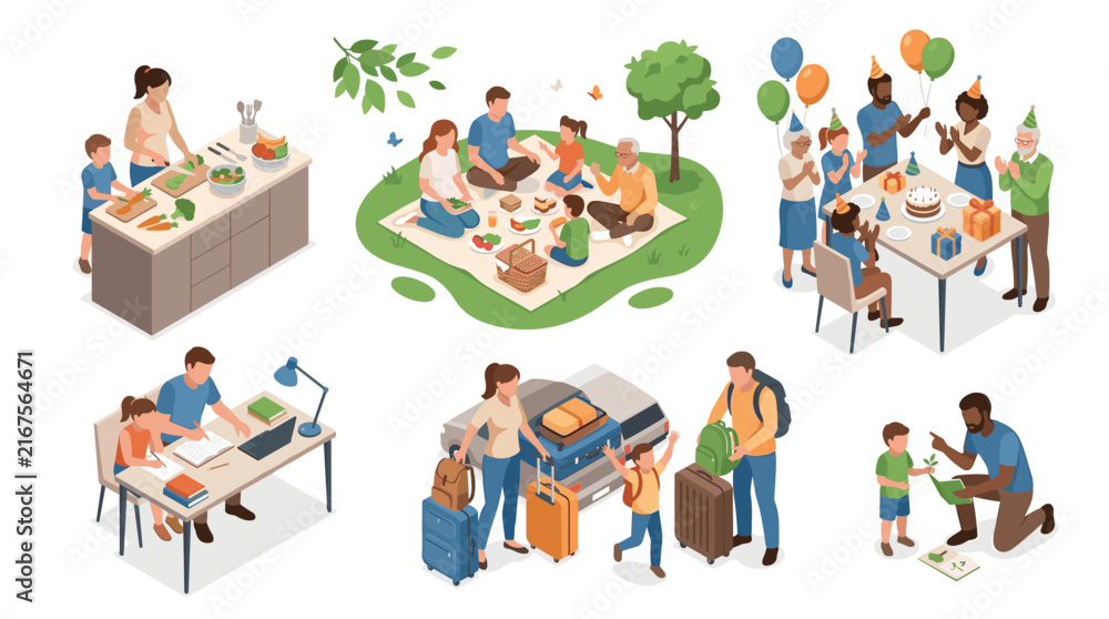 Fototapeta premium Family and friends gather for outdoor activities and celebrations in a vibrant park setting with various engaging scenes and