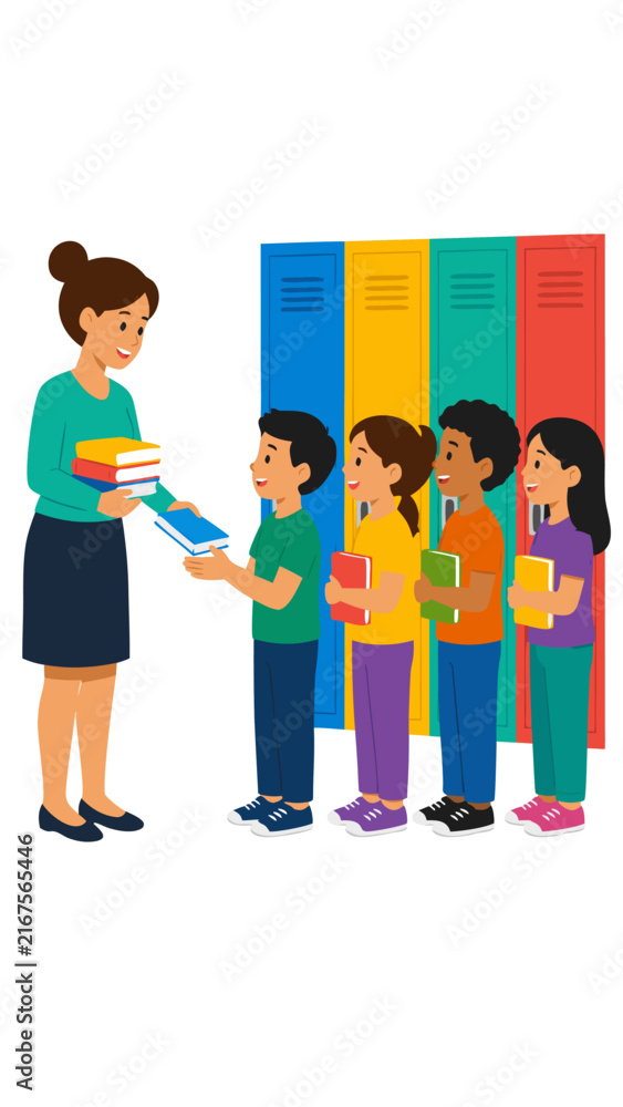 Obraz premium Teacher handing out colorful books to diverse elementary students standing beside bright school lockers in a cheerful classroom vector illustration