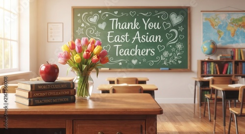 Classroom desk with tulips and thank you teacher sign