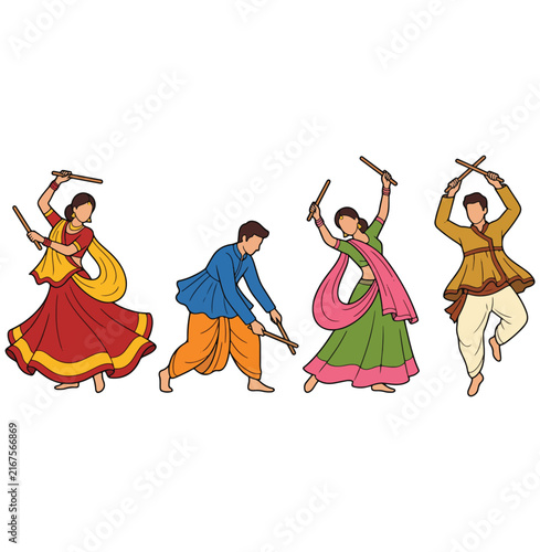 Traditional Indian Garba and Dandiya Raas Dancers with Sticks, Colorful Folk Dance Vector Illustration