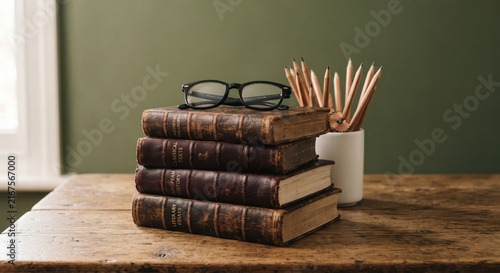 Vintage books with reading glasses on wooden office table