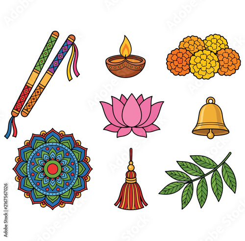 Navratri Festival Decorative Elements Set with Dandiya Sticks, Diya, Marigold Flowers, Lotus, Bell and Rangoli Vector Illustration