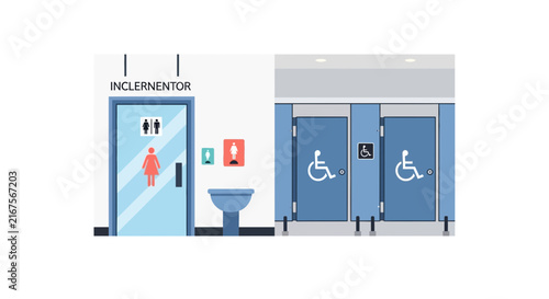 Accessible Public Restroom and Gender-Neutral Bathroom Illustration with Wheelchair Disability Symbols and Modern Flat Vector Design
